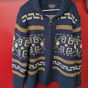 Pendleton Navy, Cream & Tan Zip-Front Geometric Knit Sweater